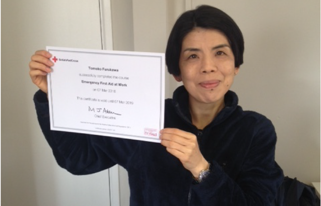 Tomoko with First Aid Certificate